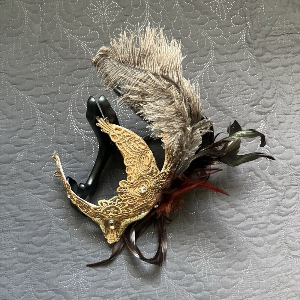 Gold Lace,Rose & Feathers Mardi Gras Glam Chic Mask Mystery Halloween Party Foto - Picture 4 of 9